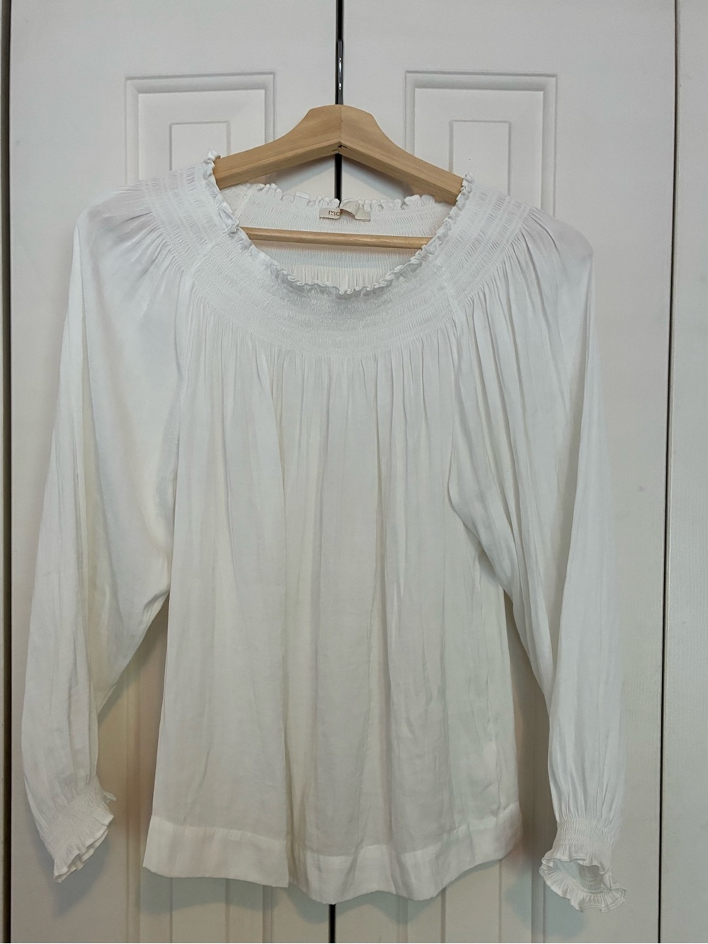 Maje White Smocked-Neck Long Sleeve Blouse